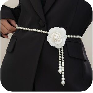 2-1 White Large Flowers Pearl Bead Waist Belts for Women